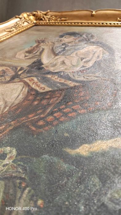 Pictura veche "Tiganca aprinzadu-si pipa" rama blondel, impecabila