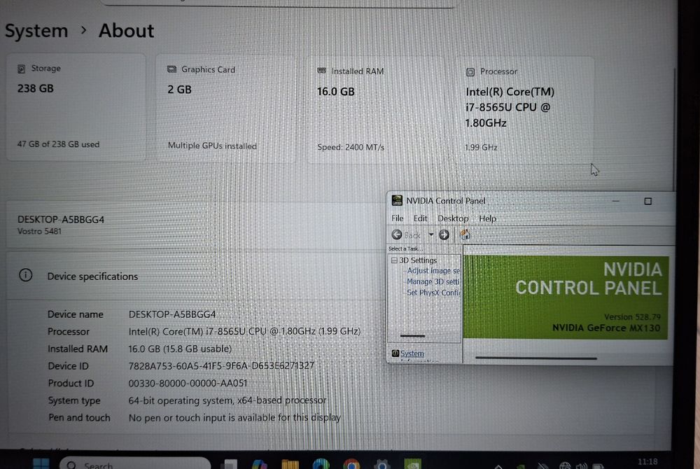 14' IPS Dell Vostro Core i7-8565U/16GB DDR4/NVIDIA MX130 2GB/256GB SSD