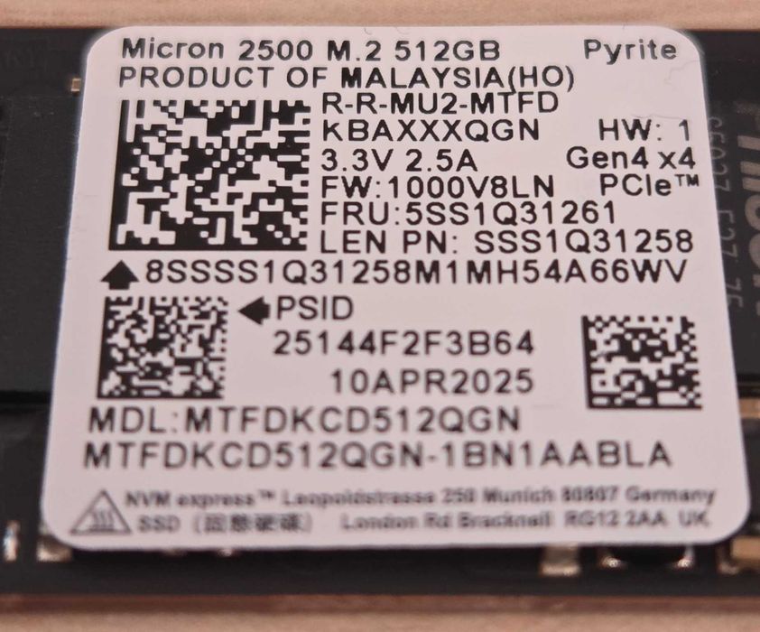 ССД: Micron 2500 512GB - M.2 NVME / Gen 4 / 2242