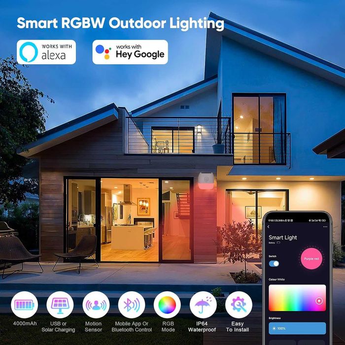 Соларна сензорна лампа с RGB, USB зареждане, IP64, работа с Alexa