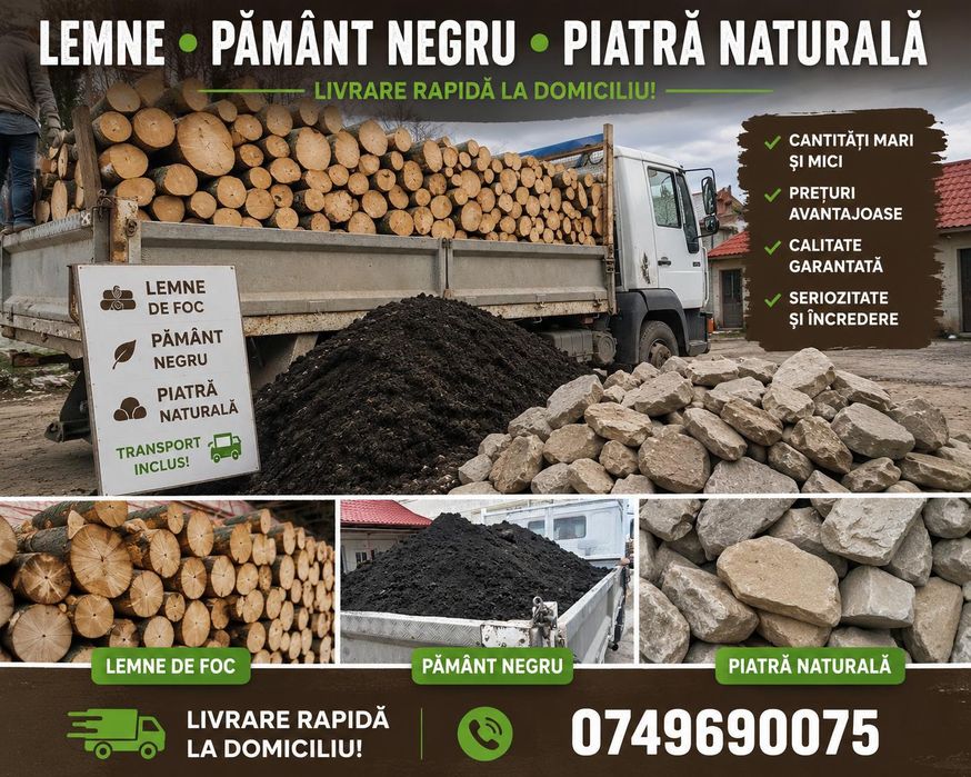 Vând lemne foc, piatra naturala și pământ negru,balast, nisip