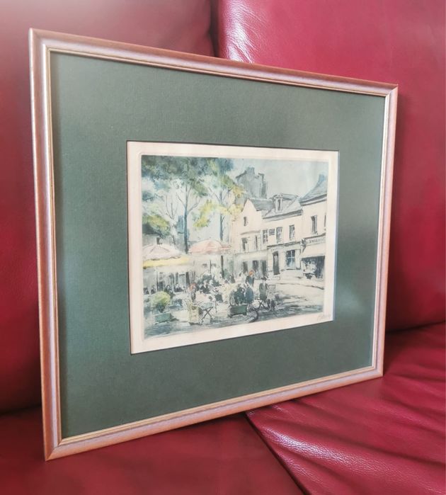 Картина френско изкуство офорт градски пейзаж Париж подпис Марсел Баро