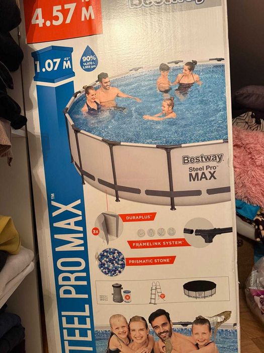 Piscina rotunda Bestway, Steel Pro MAX, cu pompa, scara si prelata, cadru metalic, gri deschis, 457 x 107 cm