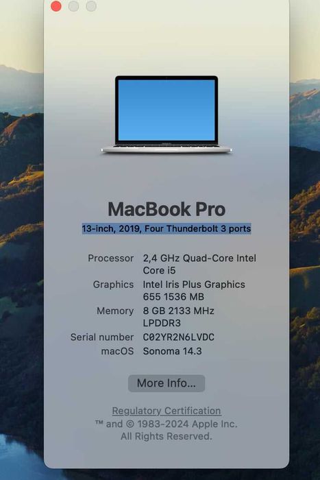 MacBook Pro 13" (2019) / 4 Thunderbolt порта / Intel i5 / 8GB RAM / macOS Sonoma