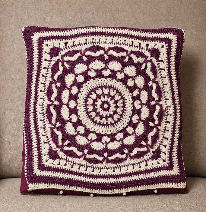 Față de pernă croșetată manual 35x35 cm – model mandala, unicat