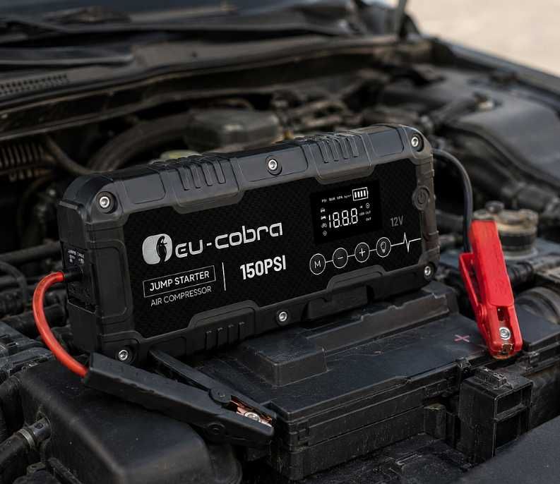 Нов Джъмп стартер Eu-Cobra 4 в 1 с 24000 mAh, компресор 150 PSI старт бустер 4000A + компресор + power bank + фенер запалете Модел q10 и q29