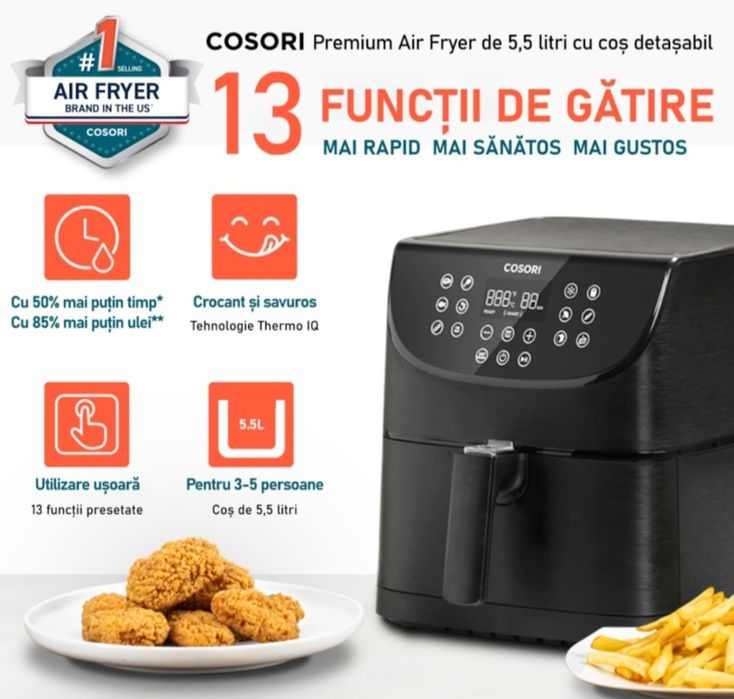 Friteuza cu aer cald  Cosori Air Fryer, Ecran digital, 11 functii de gatire presetate, 1 Grilaj pentru frigarui & 5 Frigarui,  5.5 litri, 1700W