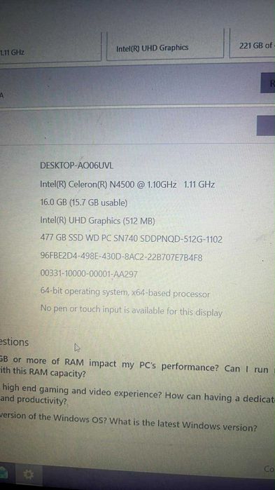 vand Asus intel r celeron r n4500 cpu 1.10 ghz 1.11 ghz  16 gb ram