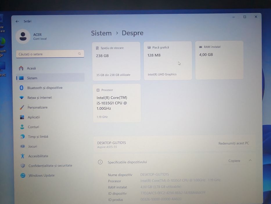 Laptop Acer / i5 gen 10 / ssd 256 / RAM 4 GB /