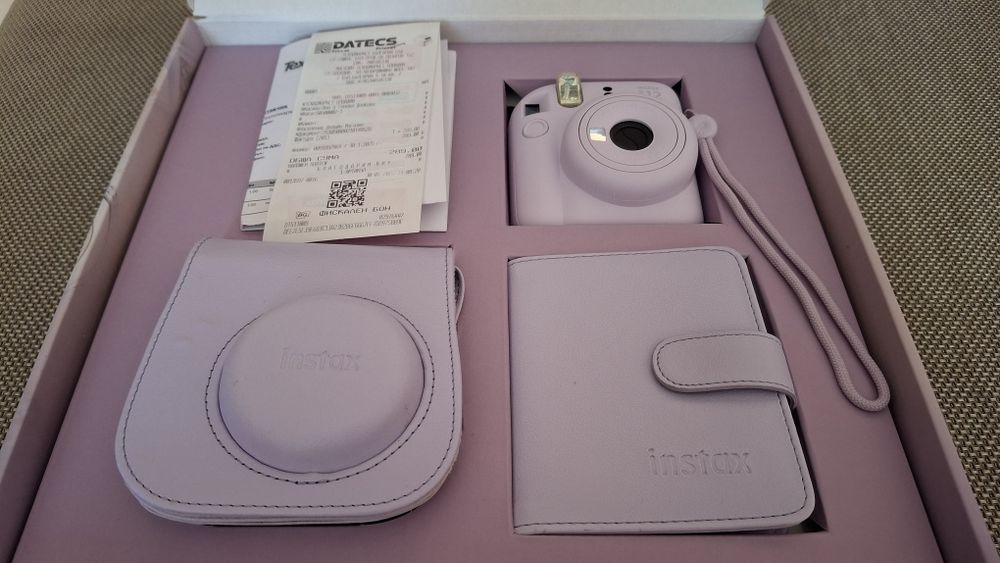 Комплект Fujifilm - Instax Mini 12, фотоапарат, албум, калъф,  цвят лилав, с гаранция
