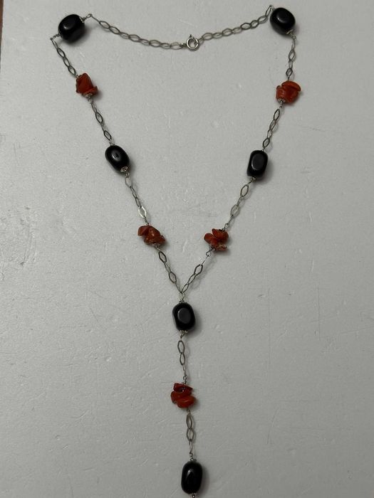 COLIER ARGINT 925 + Pietre ONIX Negre + Bucati CORAL - 24g. - Vintage