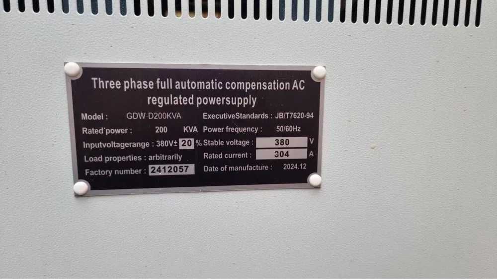 Stabilizator 200 kVA | 380V | Zavod / Sex / Ishlab chiqarish uchun