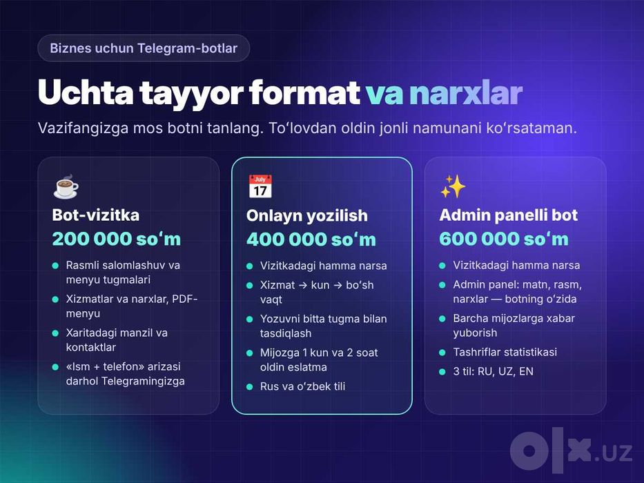 Создание Telegram-ботов для бизнеса от 200 000 сум — бот под ключ