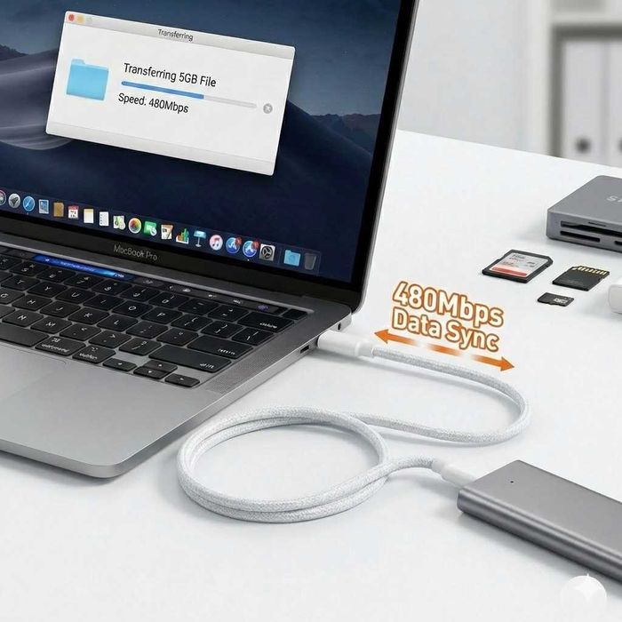 Cablu USB-C la USB-C 60W, Wyred by Monga, 1m, Împletit, Alb, Nou