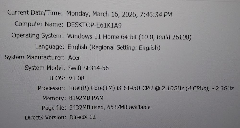 Laptop Acer Swift 3 model SF314-56 i3 8145u 8gb ram 256gb ssd