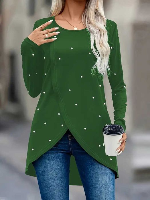 Тъмно зелена дамска блуза с бели перлички ХХЛ