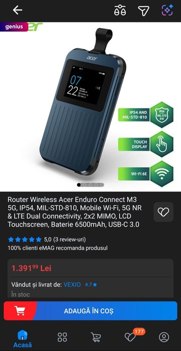 Router Mobil Wireless Acer Enduro Connect M3 5G, IP54, MIL-STD-810
