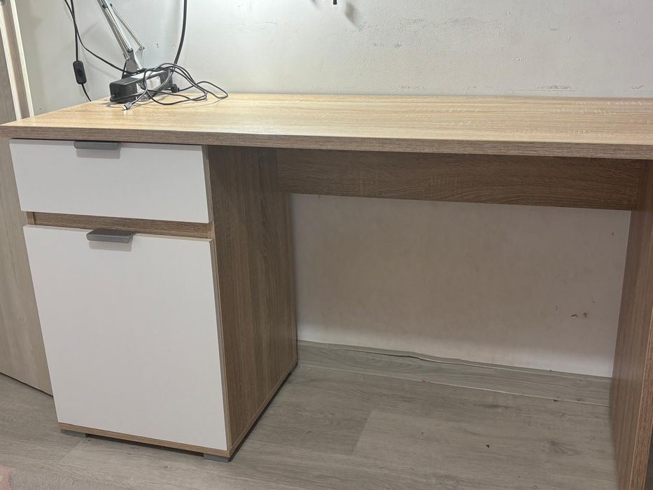 Birou cu sertar si dulap stejar/alb mat, 130x50x75.5 cm