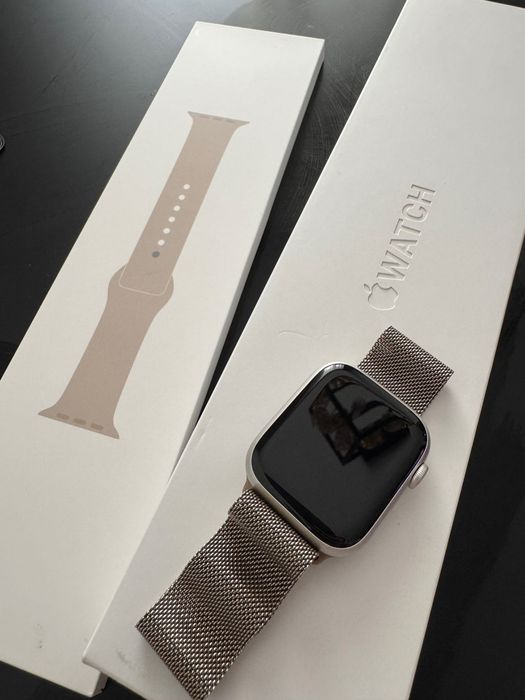 Apple Watch Series 8 45 mm GPS + Cellular – Starlight Aluminium – Pachet complet . 2 bratari originale