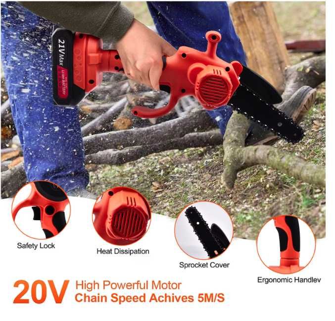 Mini drujba ferastrau cu lant/accesorii 6" 2 baterii 21V Negru