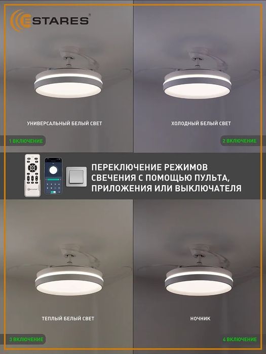 Современная люстра с вентилятором LED, белая, 48 см