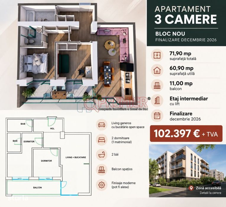 3 Camere | Bloc Nou | Etaj Intermediar | 2 Băi | Finisaje La Alegere