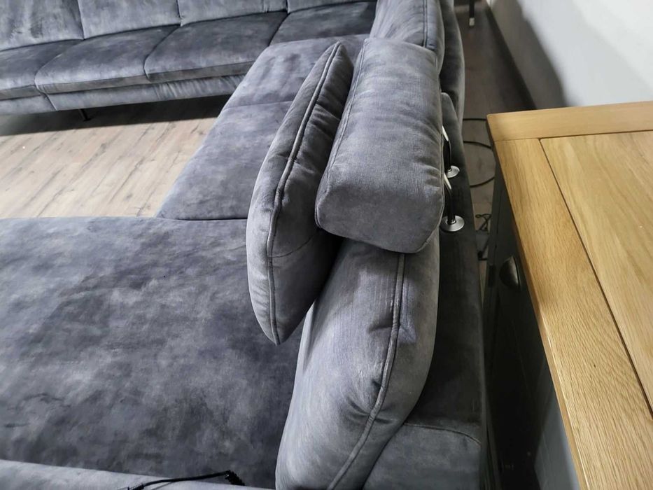 Голям сив П образен ъглов диван от плат с ел. лежанка "LS701521"