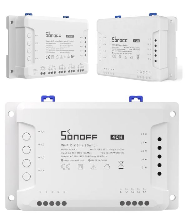 Контроллер Sonoff 4CHPROR3 (Wi-Fi, 4 канала, RF 433 МГц, DIN-рейка)