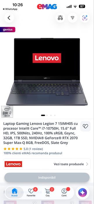 Laptop gaming Legion 5, echipat cu un procesor Intel Core i7 și placă grafică NVIDIA GeForce.