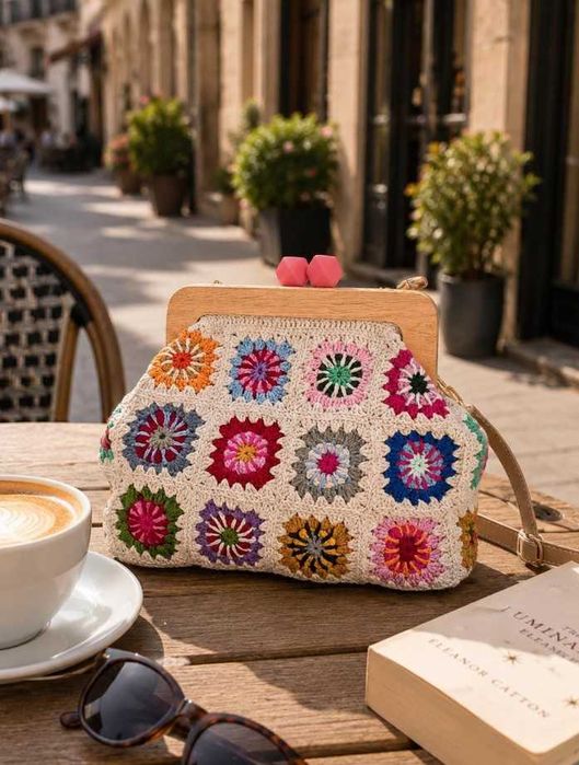 Geantă handmade croșetată cu ramă din lemn
