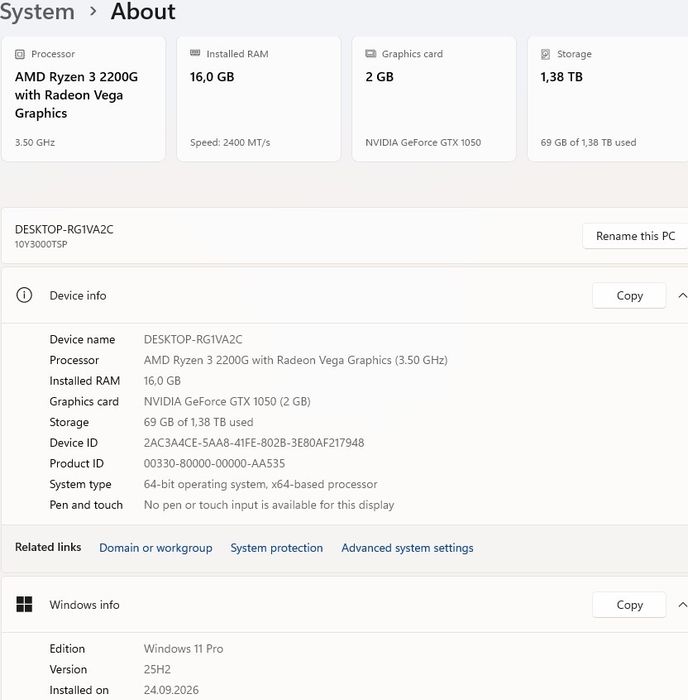 Unitate PC Gaming Ryzen 3 2200G 3,5Ghz, 16GB DDR4, 512GB+1TB, GTX 1050 2GB, Windows 11 Office 2024