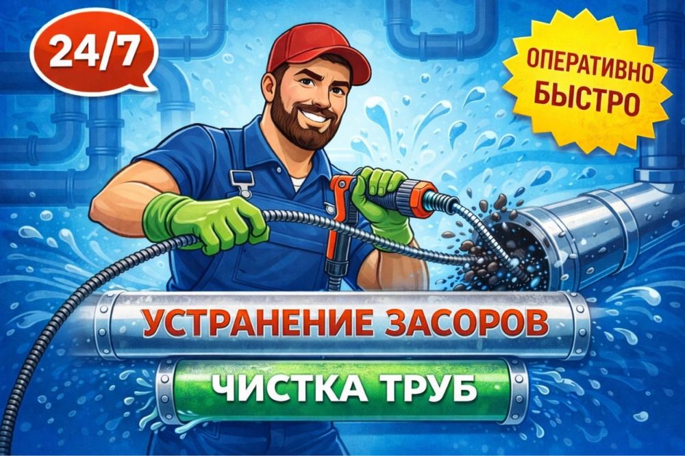 Прочистка канализации, чистка труб, устранение засора 24/7