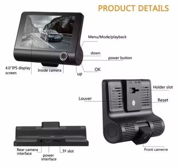 Cameră de bord HD cu 3 camere + card 32GB CADOU