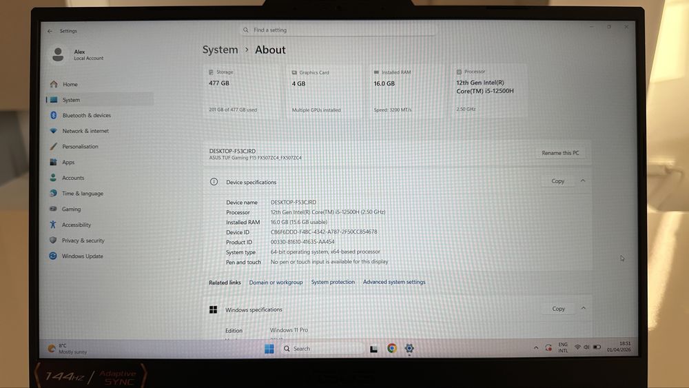 Laptop Asus TUF F15 FX507ZC4