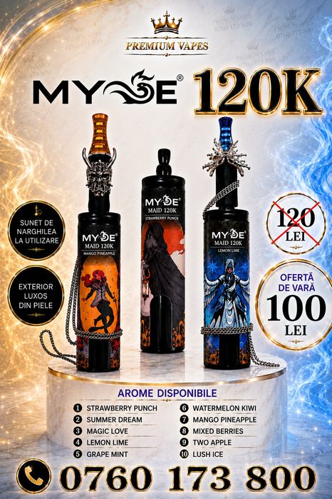 MYDE 120k - Vape de lux, tip țigară electronică cu arome intense de shisha,  fum dens , sunet de narghilea și exterior din piele
