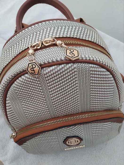 Елегантна дамска раница Silver & Polo – десен пепит / кафява еко кожа