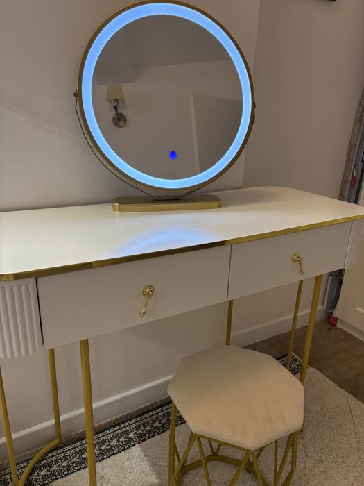 Set masa de toaleta, cu oglinda iluminare led cu control touch, alb