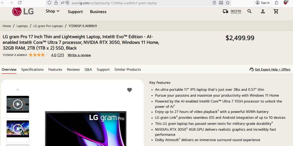 17 инча, 1.3kg, 99Whr, Lg Gram Pro 17 2024 RTX3050 32GB