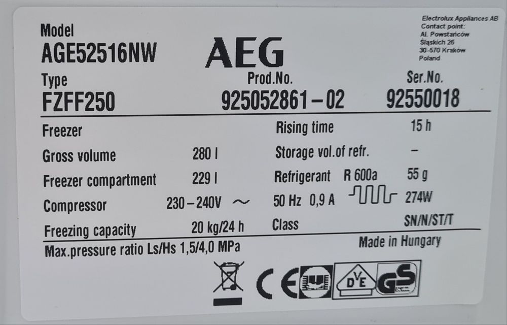 Фризер NoFrost AEG 185см А++