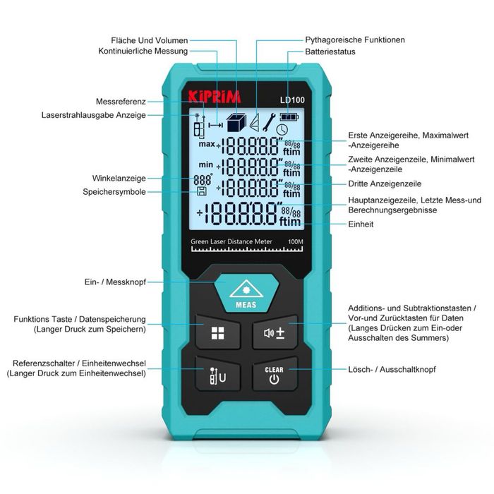 Telemetru laser Kiprim LD100, 100 m, laser verde, USB-C, nou