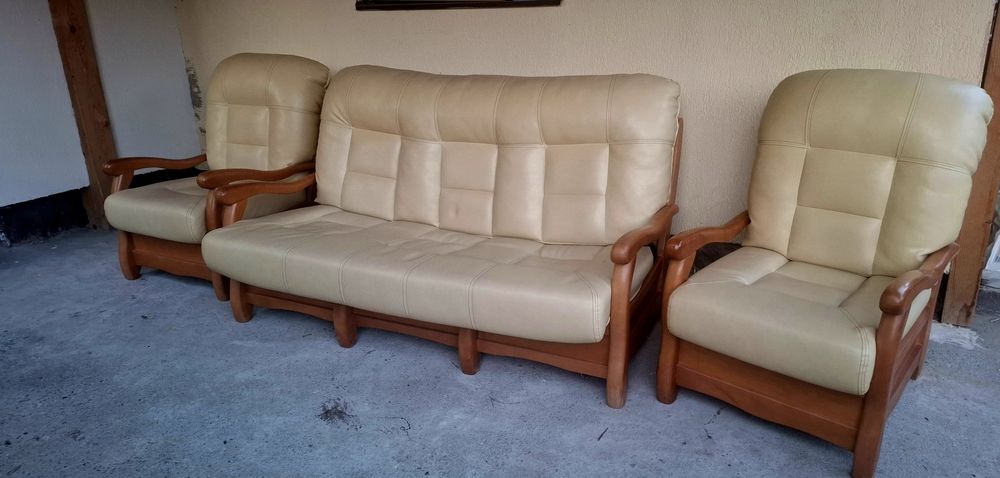 Canapea si 2 fotolii din piele sj lemn masiv.