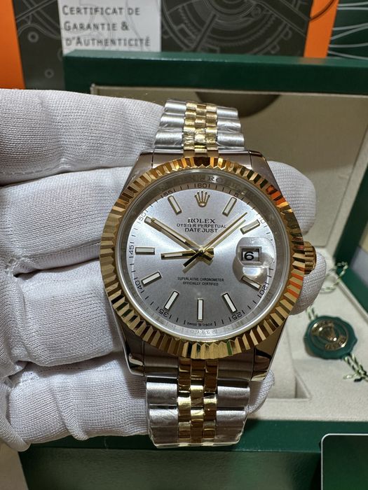 Ceas Rolex Date Just Argintiu si Auriu cu Cadran Argintiu
