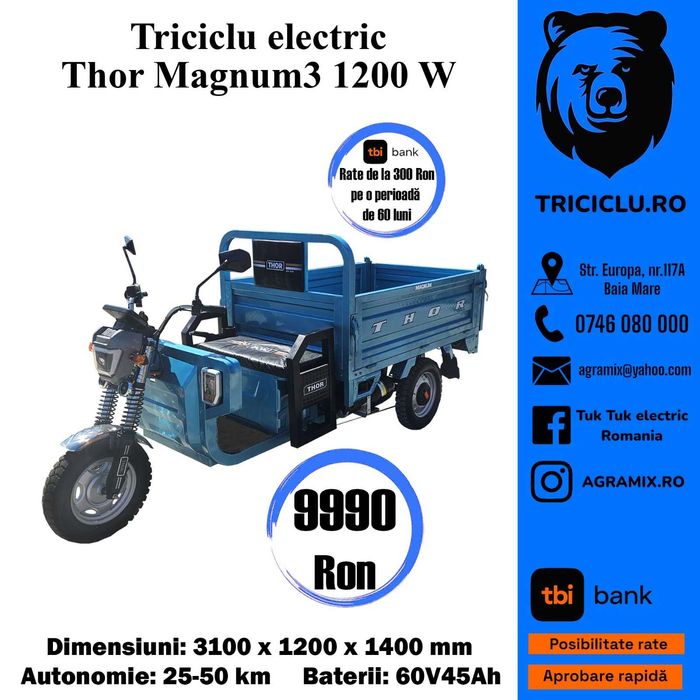 Triciclu electric cu  basculare hidraulica THOR Magnum 3 nou Agramix