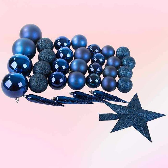 Комплект коледни топки и звезда за елха, синьо брокатено, 33 части