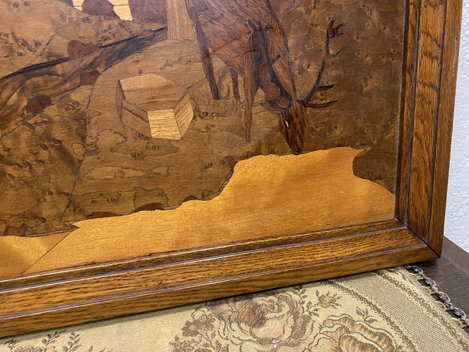 Винтидж дървена маркетерия картина елени Западна Европа 1950-те