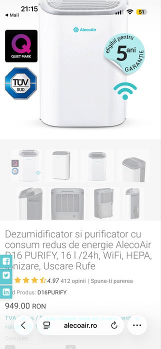 Dezumidificafor si purificator de aer Alecoair D16