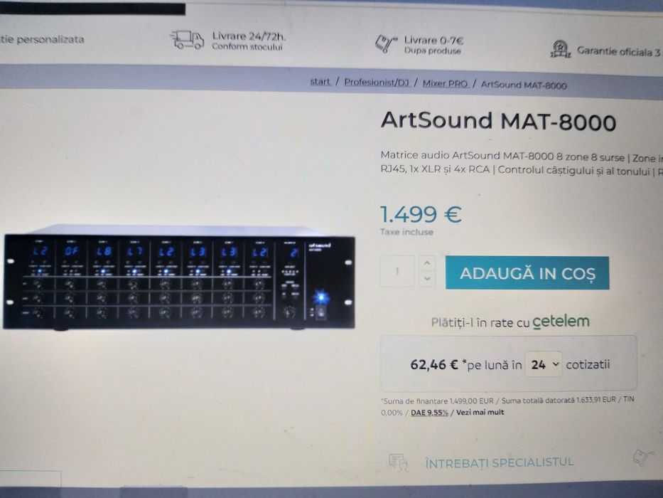 Matrice audio ArtSound MAT-8000 , 8 zone, 8 surse, nou .