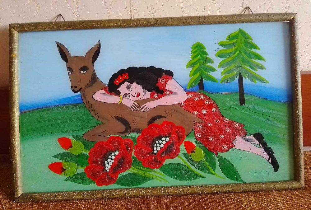 Стара картина върху стъкло "АЛЁНУШКА И СЕРЫЙ ВОЛК"