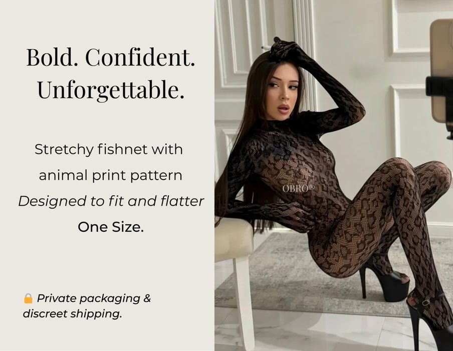 Costum Sexy din Plasă Elastică Leopard, Efect Second Skin - Negru, One