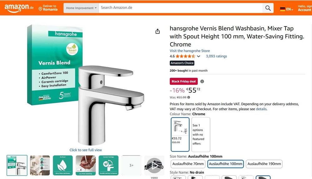 Baterie hansgrohe Vernis Blend cu înălțimea gura de scurgere de 100 mm